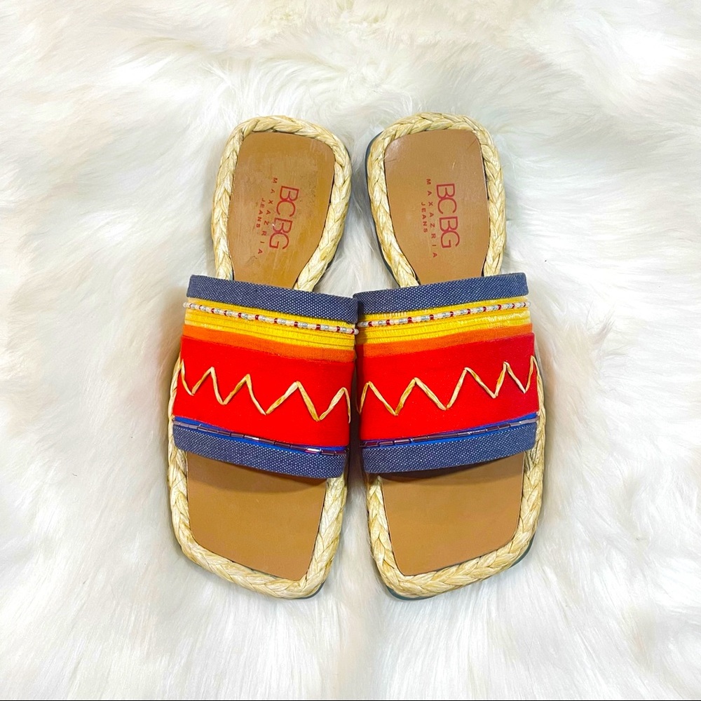 BCBGMaxAzria Red, Blue & Yellow Embroidered Slide Sandals